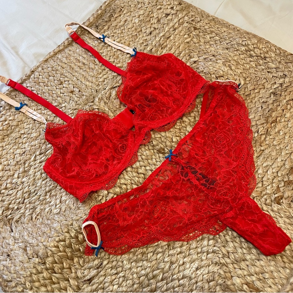 Heidi Klum Intimates Red Lace Bra and panties size 36D and L